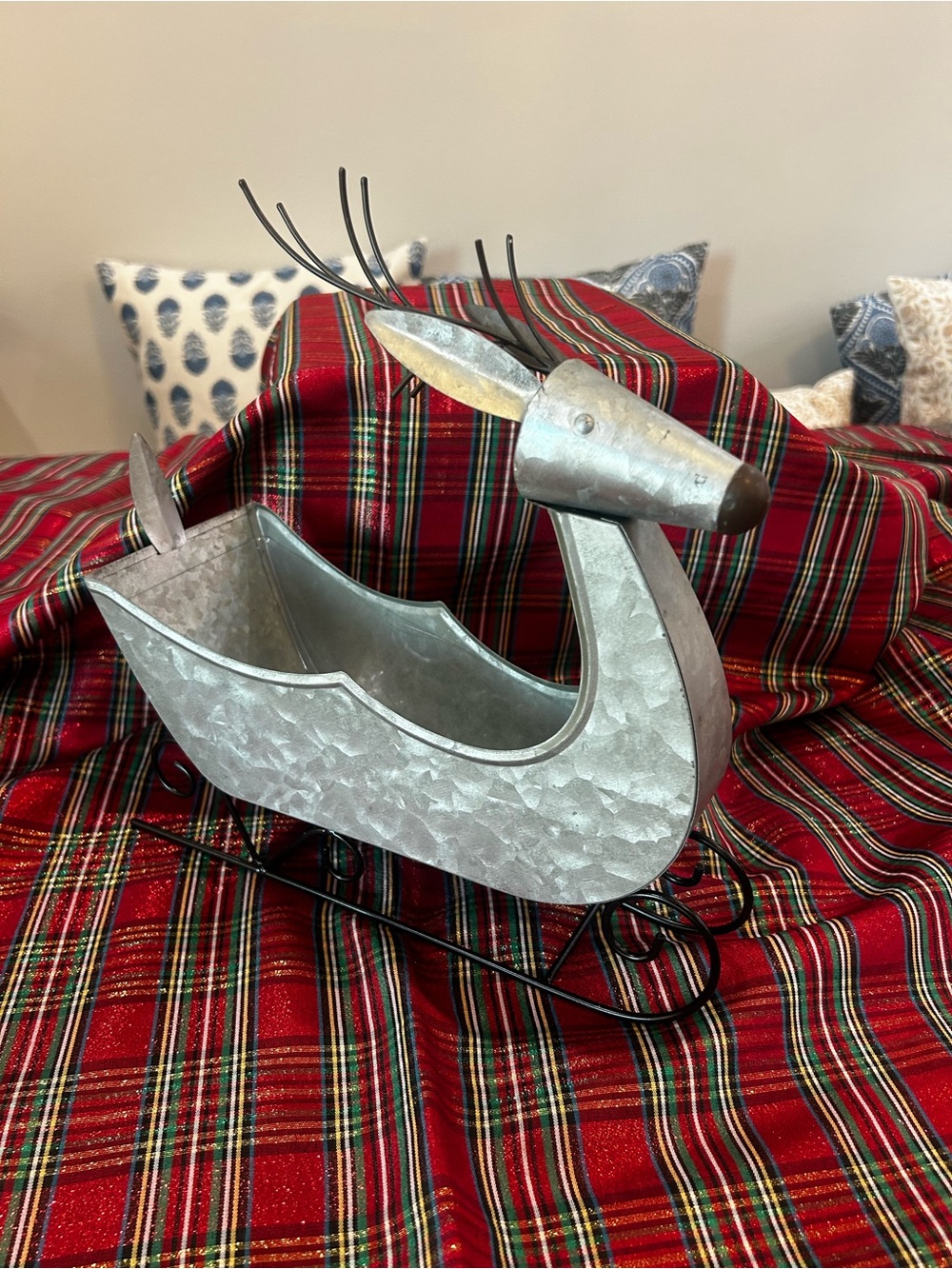 Galvanized Metal Reindeer Sleigh Planter - Silver